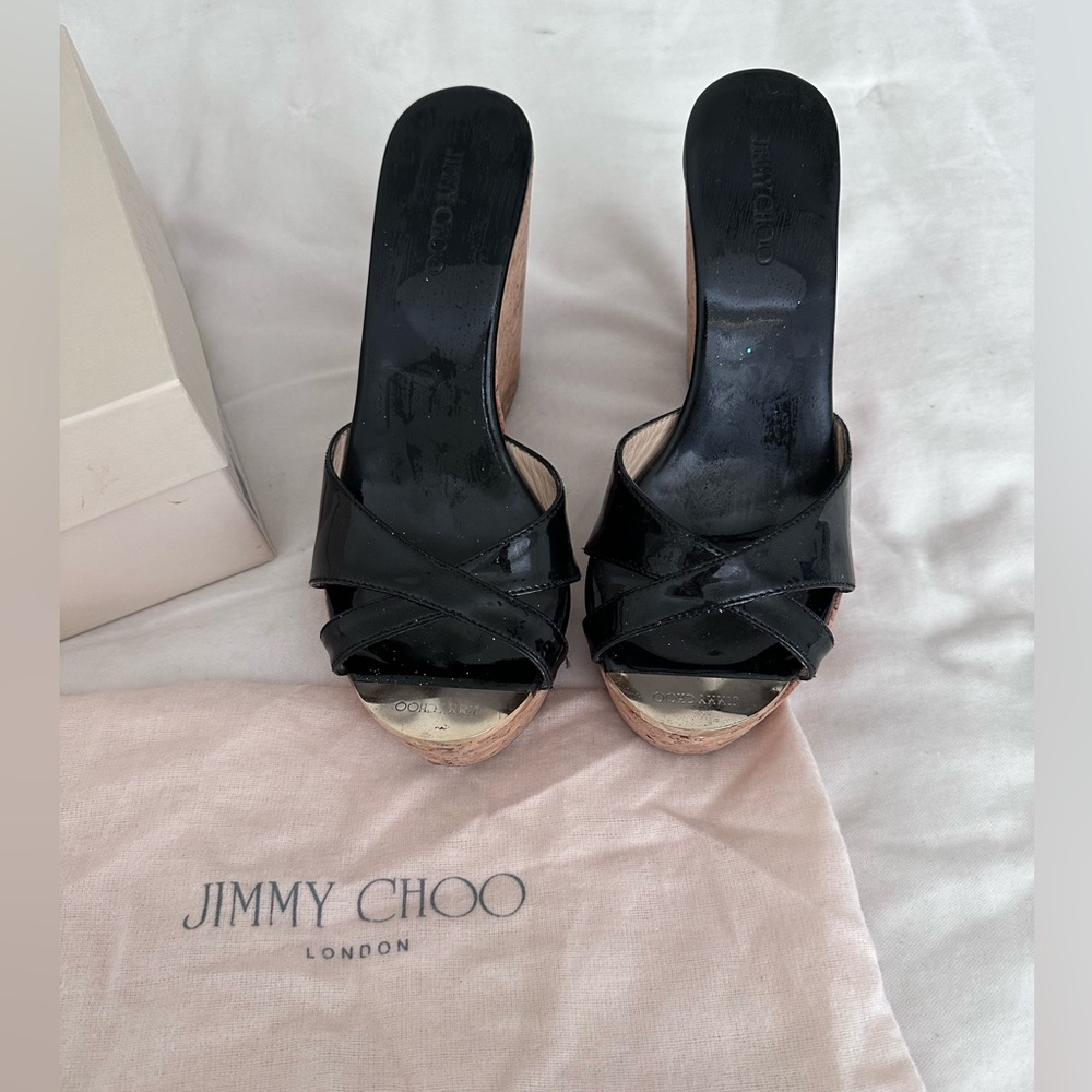 AUTHENTIC JIMMY CHOO pandora patent leather wedge mules USED!